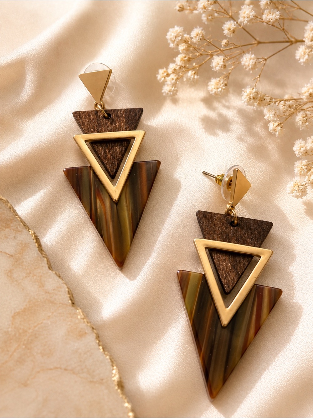 Gold & Brown Layered Triangle Drop Earrings